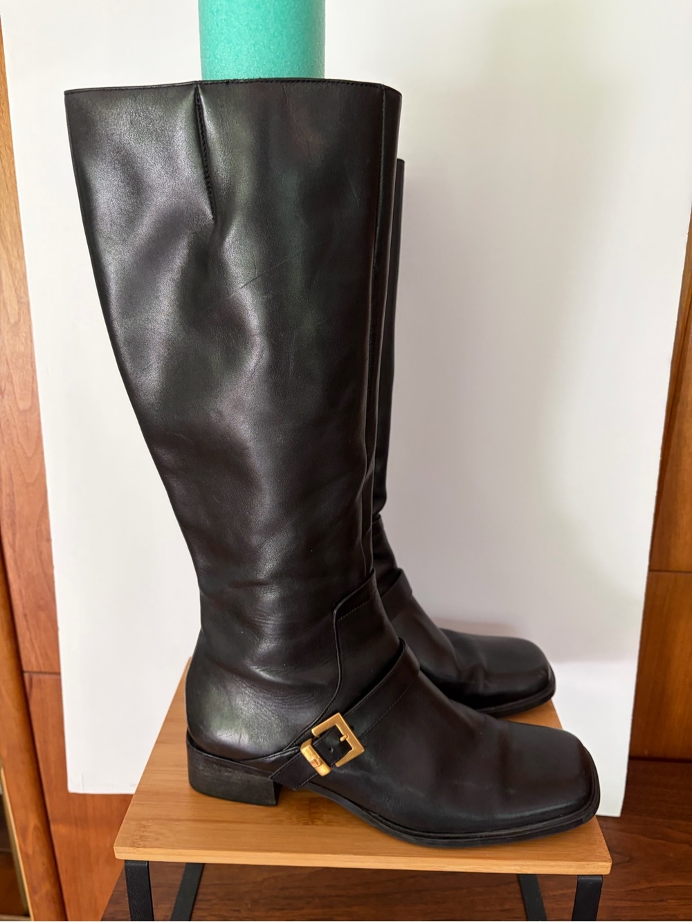 Etienne Aigner Black Leather Tall Boots w. Gold Accent Sz. 8.5M Side Zippers